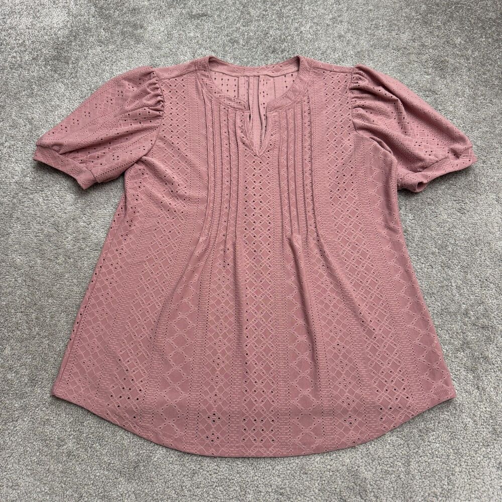 Micoson Eyelet Puff Sleeve Blouse Womens Large Pink Pleated Casual Boho Summer